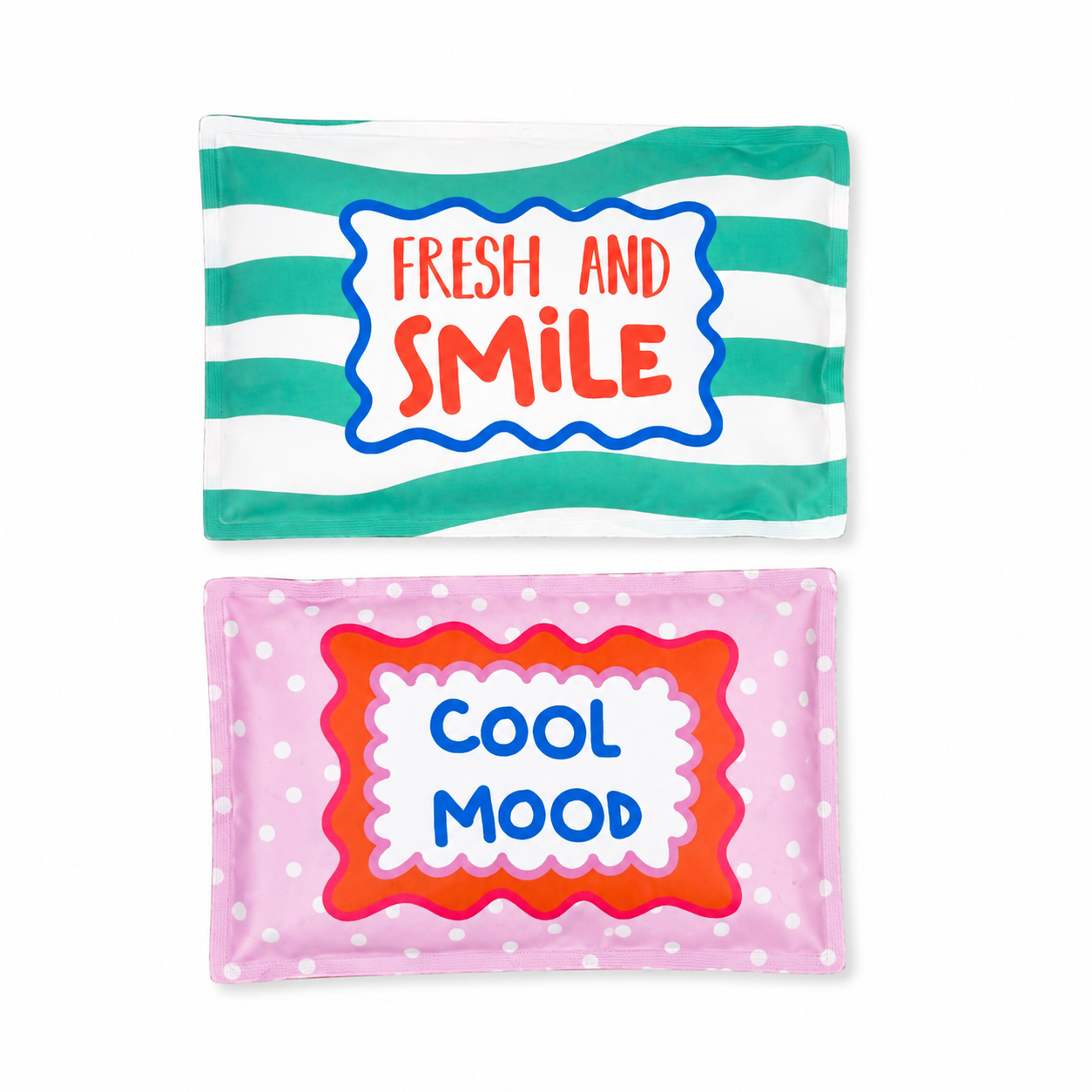 Комплект от 2 охлаждащи гел компреса More Amor с дизайни Fresh and Smile и Cool Mood на бял фон