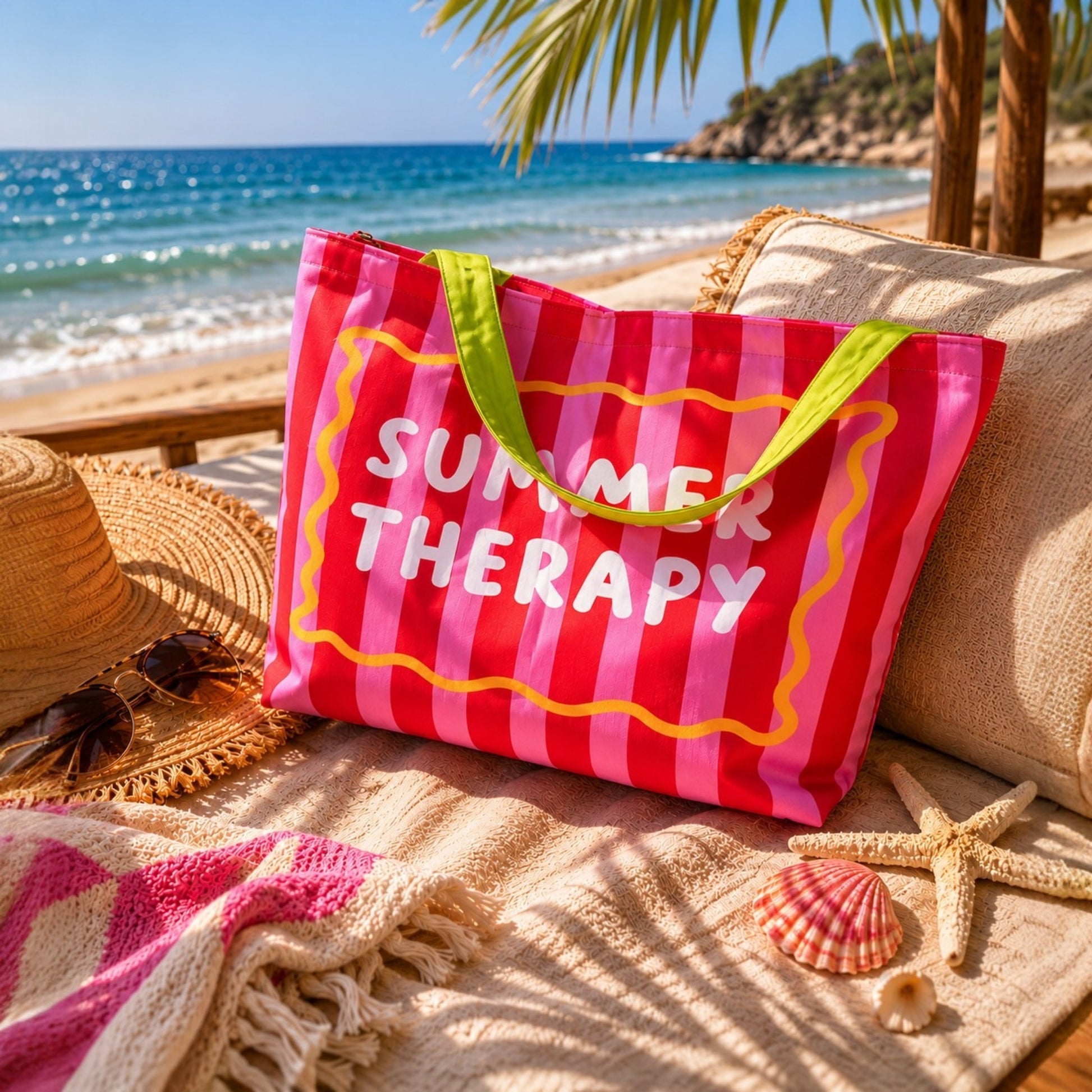 Плажна чанта „Summer Therapy“ в розово и червено, поставена върху светъл плажен текстил до морето, със слънчеви отблясъци, мидички и летни аксесоари в уютна морска атмосфера.