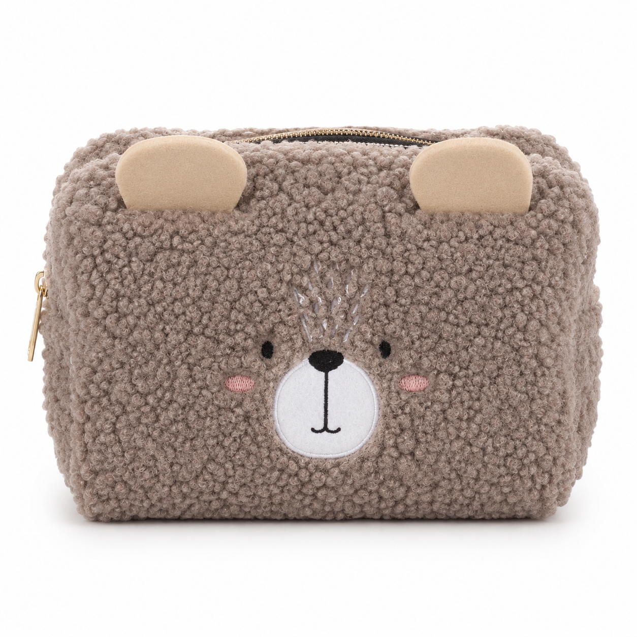 Кафяв teddy несесер мече с бродирано лице на бял фон